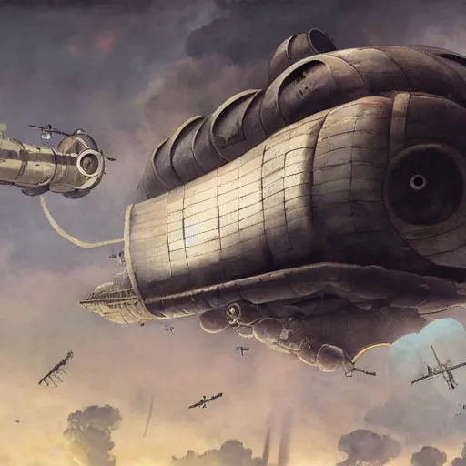 Image similar to a brutalist painting of a large steampunk airship getting shot down in the sky, by charlie bowater, 4 k