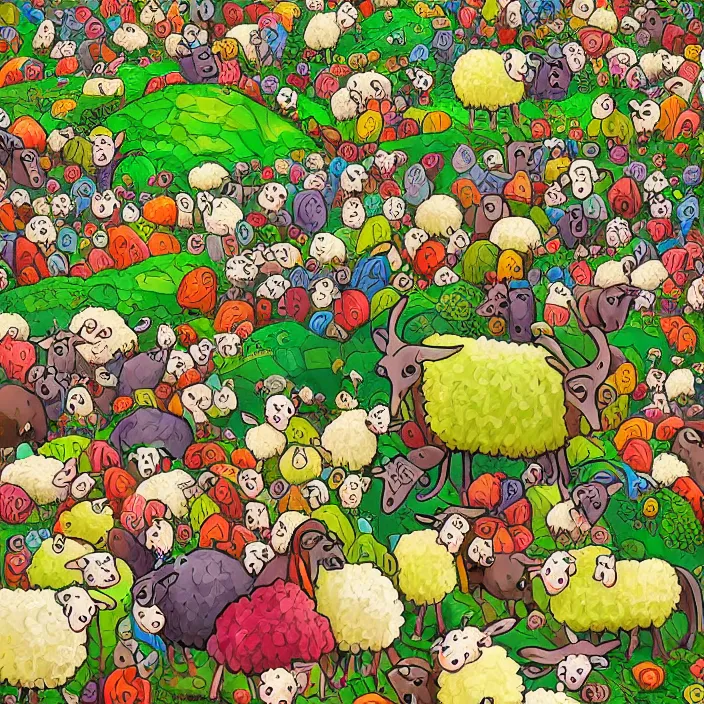 Prompt: a herd of sheep hopping over mountains of gigantic fruit, naivistic art, childrens drawing, story book illustration, expressive, colorful, schizophrenic, paranoid