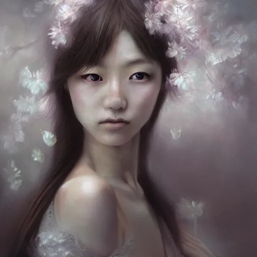Image similar to detailed portrait of japanese girl, spring light, painting by lise deharme
