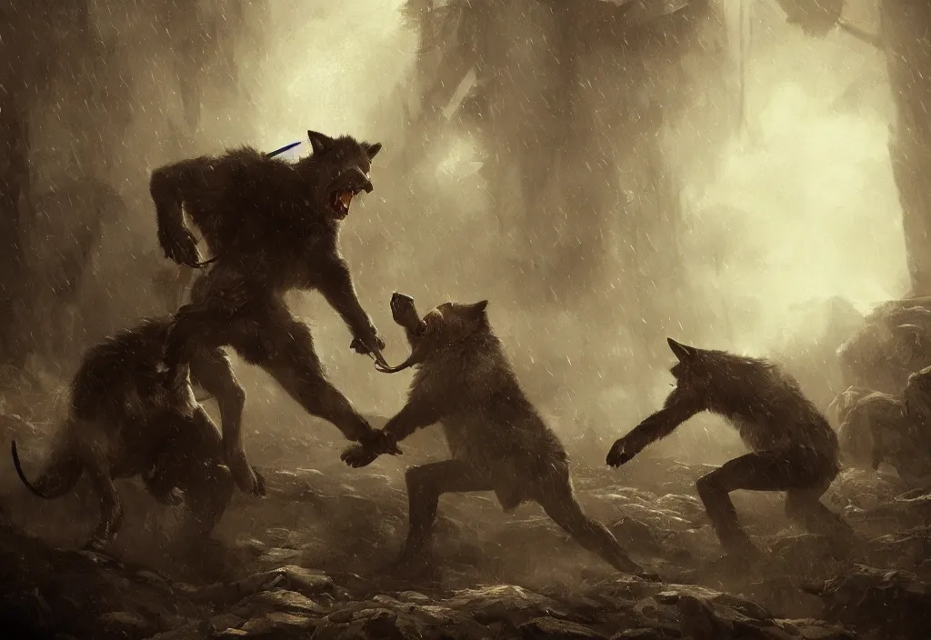 Prompt: a wolf fighting a victorian man, artstation, high detail, dramatic lighting, night, fog