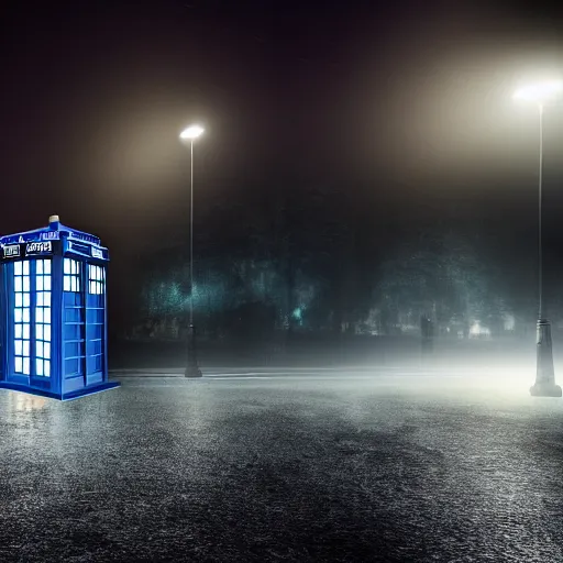 Image similar to a hyperdetailed photograph of the tardis sat on a futuristic street corner, night, dense fog, rain, hd, 8 k resolution
