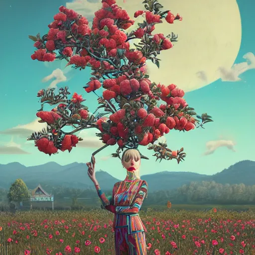 Image similar to pretty model with orchards and clouds : : by martine johanna and simon stalenhag and chie yoshii and casey weldon and wlop : : ornate, dynamic, particulate, rich colors, intricate, elegant, highly detailed, vogue, harper's bazaar art, fashion magazine, smooth, sharp focus, 8 k, octane render