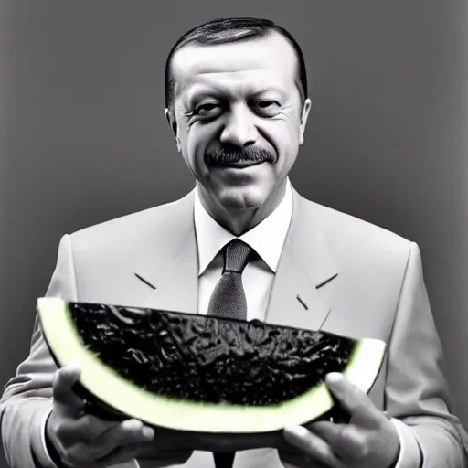 Image similar to recep tayyip erdogan smiling holding watermelon for a 1 9 9 0 s sitcom tv show, studio photograph, hd, studio