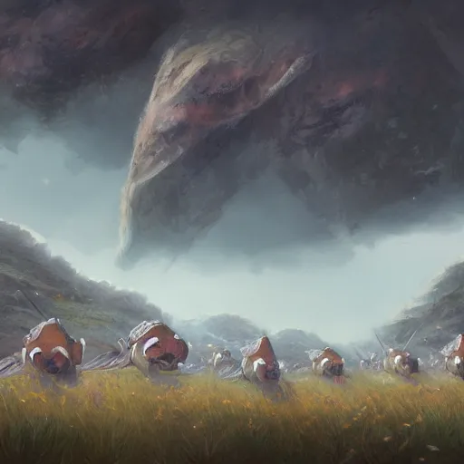 Prompt: a jessica rossier painting of a phalanx of ashigaru mice influenced by brian froud