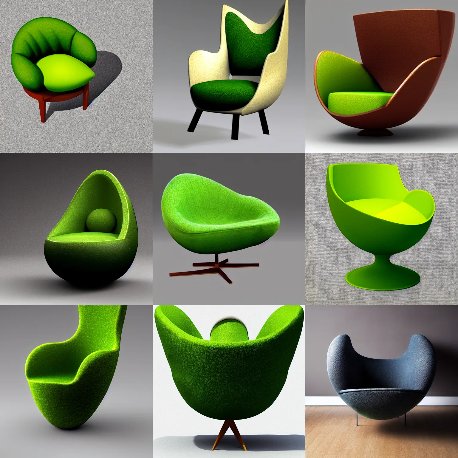 Prompt: An armchair in the shape of an avocado, 4k, trending on artstation