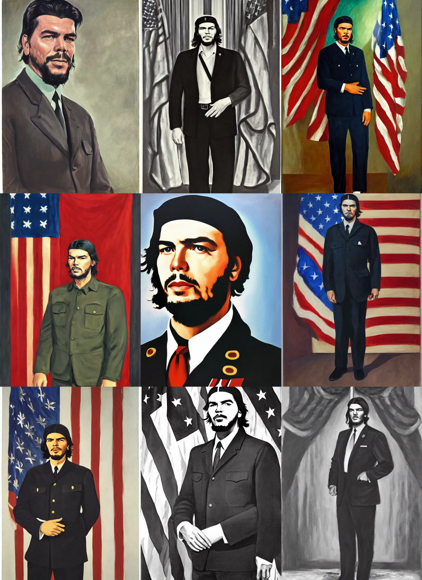 Prompt: official portrait of Che Guevara in a suit and tie in front of the American Flag, 36th President of the United States, 1963-1969. Portrait by James Anthony Wills. Oil on panel. White House Collection/White House Historical Association