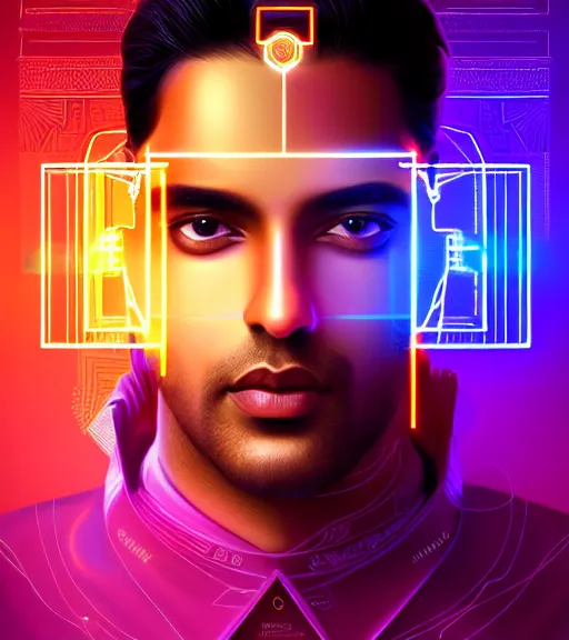 Image similar to symmetry!! indian prince of technology, solid cube of light, hard edges, product render retro - futuristic poster scifi, lasers and neon circuits, brown skin handsome indian prince, intricate, elegant, highly detailed, digital painting, artstation, concept art, smooth, sharp focus, illustration, dreamlike, art by artgerm