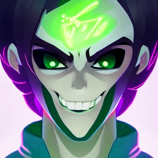 Prompt: a symmetrical face shot character design by artgerm, wlop, ross tran. young danny phantom!! glowing green eyes!! sharp teeth grin!! face sharp edges. ultra clear detailed. 8 k. ultra detailed, elegant, intricate, octane render.