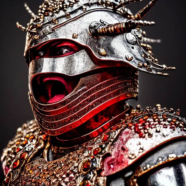 Image similar to photo of a warrior with ruby encrusted armour highly detailed 8 k hdr smooth sharp focus high resolution award - winning photo dslr 5 0 mm