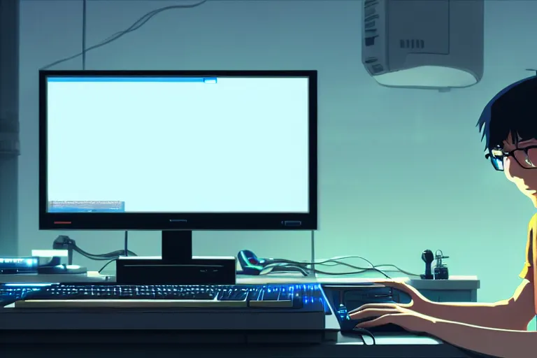 Image similar to a nerdy boy is programming at a computer in a room full of gadgets, by makoto shinkai and ghibli studio, dramatic lighting, highly detailed, incredible quality, trending on artstation