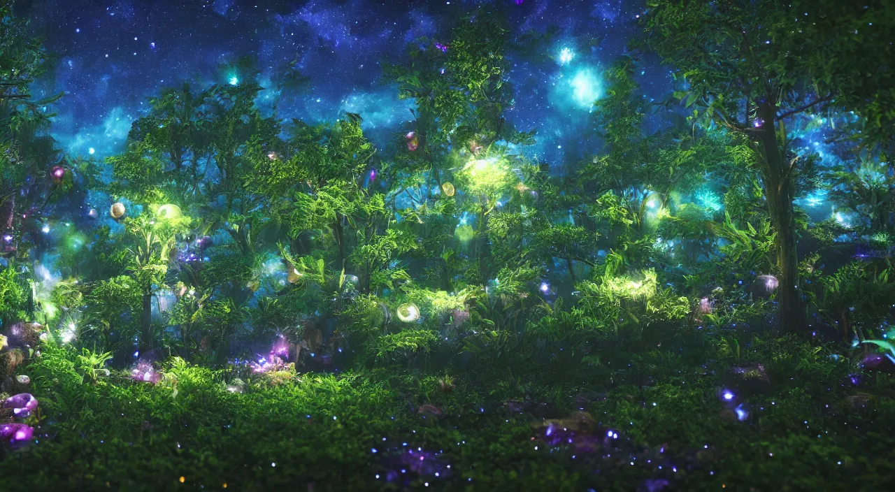 Image similar to A beautiful lush magic mana forest, night sky with dazzling stars, fairies, fireflies, bokeh, octane render, unreal engine, raytracing, crystallized, intricate, hyper detailed, light rays.