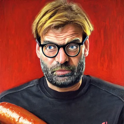 Image similar to jurgen klopp holding hot dogs, portrait by john william waterhouse and edwin longsden long and theodore ralli and nasreddine dinet, oil on canvas. cinematic, vivid colors, hyper realism, realistic proportions, dramatic lighting, high detail 4 k
