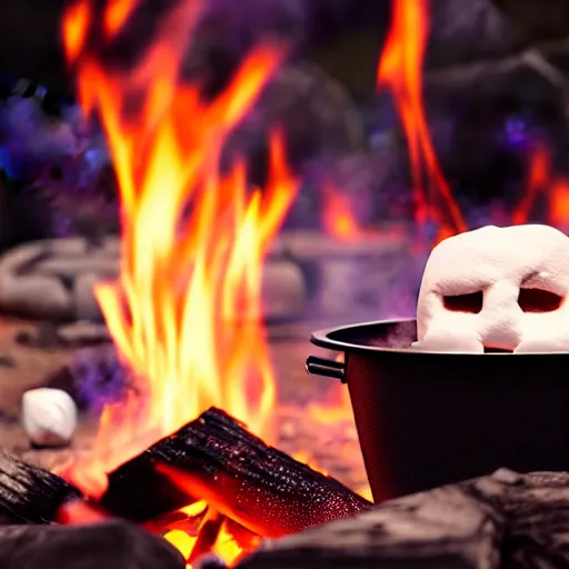 Prompt: a transformer cooking a marshmellow in a camping fire, octane render, hard reflection, hyperrealism, 3D