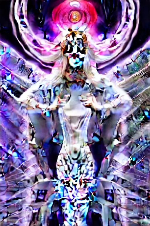 Image similar to feminine cyborg goddess rendered in Cinema 4D, elegant and ornate futuristic silk robes, held aloft by thousands of wires in a pristine white scifi room, right hand help up with a elaborate tech port in the center, left hand with a holographic book open, glowing white neon eyes, platinum and obsidian flowing long hair, art by Artgerm and Alphonse Mucha, hyperrealism, full body photogenic shot, digital render, cinematic lighting ornate earrings, 8k resolution, masterpiece work