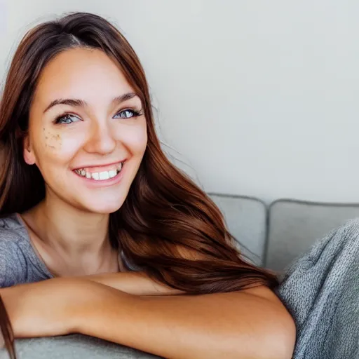 Image similar to a cute young woman smiling, long shiny bronze brown hair, full round face, green eyes, medium skin tone, light cute freckles, smiling softly, wearing casual clothing, relaxing on a modern couch, interior lighting, cozy living room background, medium shot, mid-shot, soft focus