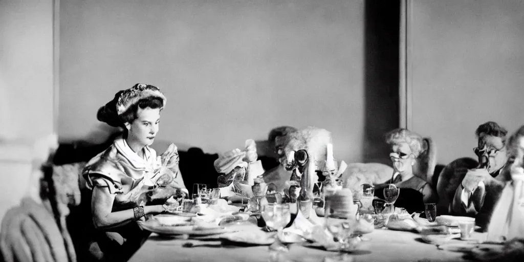 Image similar to close up detailed sharp photograph in the style of popular science circa 1 9 5 5 and gregory crewdson of a 1 9 5 0 s of an elderly woman wearing a mink stole and pearls with a white bouffant hairdo sitting at a banquet table. 1 5 0 mm lens