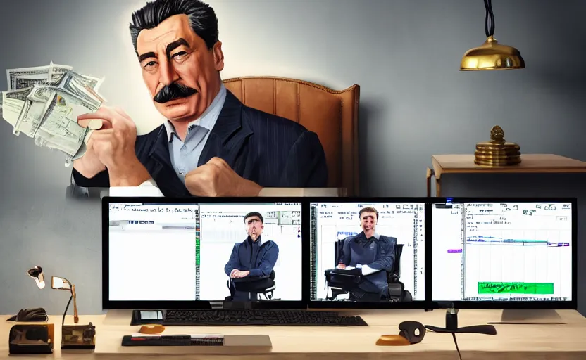 Prompt: angry realistic josef stalin trading forex in front of computer trading bitcoin, 8 k, hyper detailed, 2 0 k, realistic, product lighting, by onesal, by sixnfive, behance 3 d, studio photography dslr, photoreal epic composition