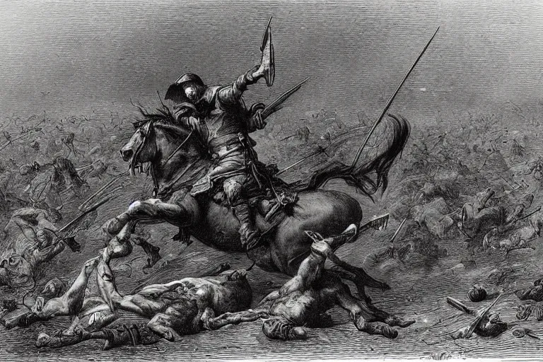 Image similar to A huge rider on a horse knocks out an infantryman in the middle of an epic battle , Gustave Dore lithography