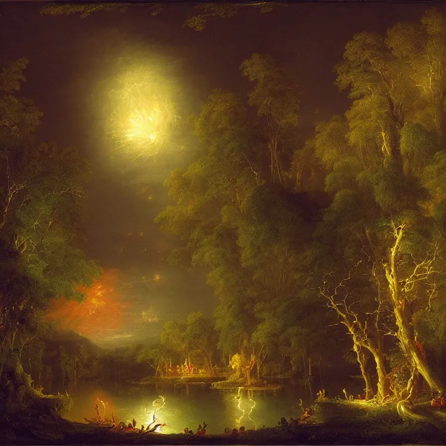 Image similar to a night carnival around a magical tree cavity with a rounded scenario with many fireworks and christmas lights, with a surreal orange moonlight, next to a lake with iridiscent water, volumetric lightning, folklore people disguised as fantastic creatures in a magical forest by summer night, masterpiece painted by thomas cole, scene by night, dark night environment, refraction lights, glares