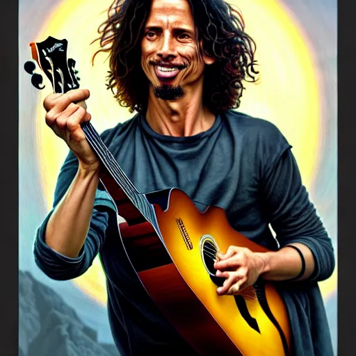 Image similar to portrait painting of chris cornell playing guitar in heaven, happy smile on his face, ultra realistic, concept art, intricate details, eerie, highly detailed, photorealistic, octane render, 8 k, unreal engine. art by artgerm and greg rutkowski and magali villeneuve and alphonse mucha