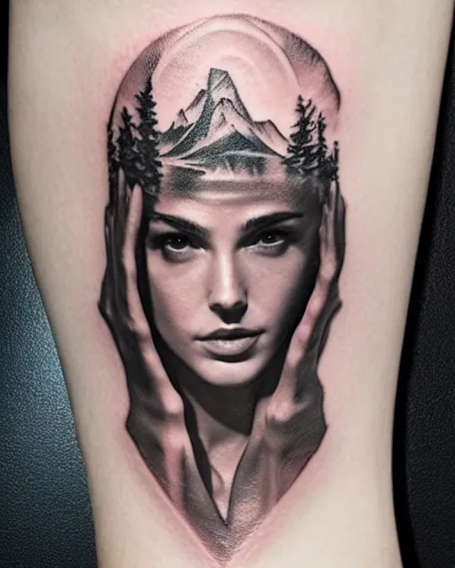 Image similar to creative double exposure effect tattoo design sketch of beautiful gal gadot faded with beautiful mountain scenery, realism tattoo, in the style of matteo pasqualin, amazing detail, sharp