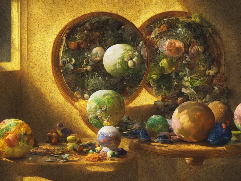 Image similar to 3 d render, sunlight study, the universe is a spheroid region 7 0 5 meters in diameter, art nouveau, by cornelis de heem and ( ( ( ( ( lisa frank ) ) ) ) ), 8 k, sharp focus, octane render