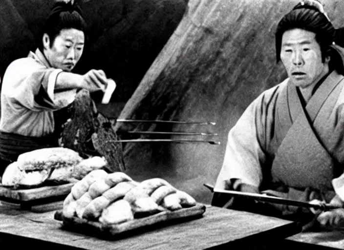 Image similar to a movie still of a samurai slicing a loaf of bread, a movie by Akira Kurosawa