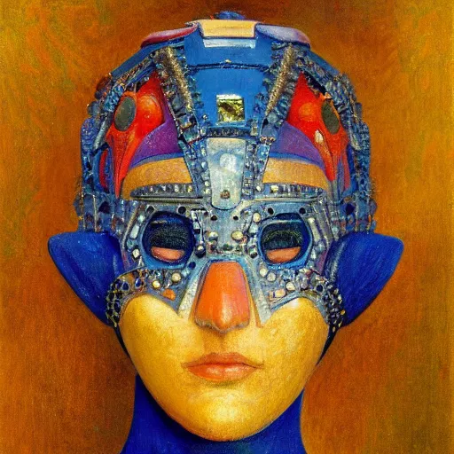 Image similar to the robot in her bejeweled bird mask, by Annie Swynnerton and Diego Rivera, symbolist, dramatic lighting, elaborate geometric ornament, Art Deco,god rays, soft cool colors,smooth, sharp focus, extremely detailed, Adolf Wölfli