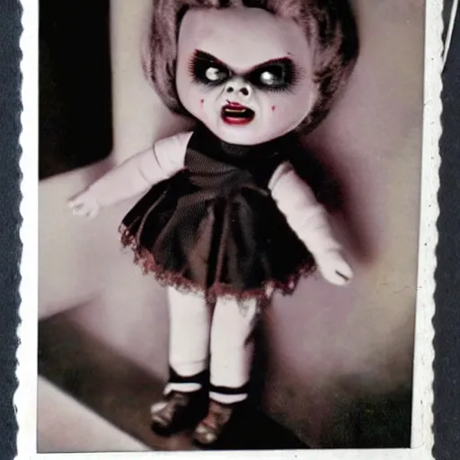 Prompt: 1 9 5 0 s, angry evil dolls coming to life and jump scaring, doll phobia, horror, polaroid,