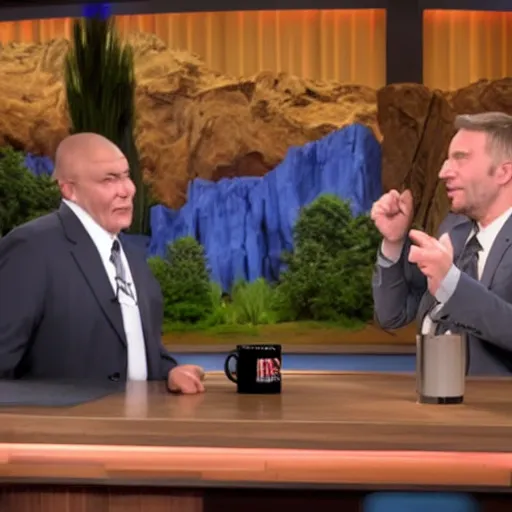 Prompt: Neanderthal interviewed on The Tonight Show, Homo neanderthalensis, 2022 TV footage, talk show