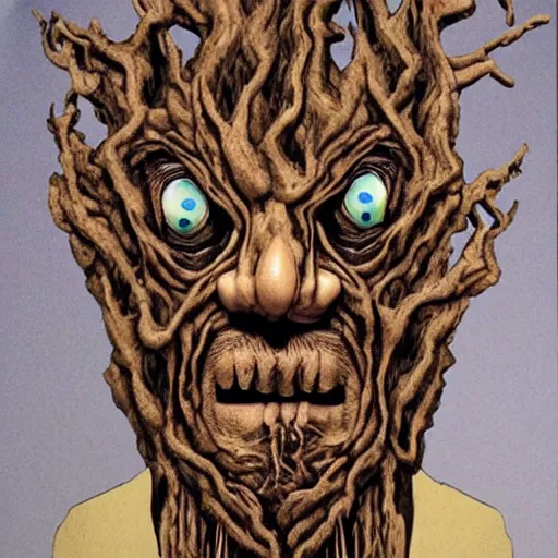 Image similar to old man morphing into a tree, scary, horror, intricate details