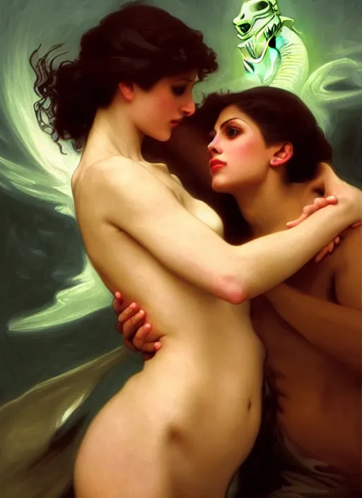 Image similar to mills and boon romance novel cover with cthulhu!! and eva mendes, they are in love, by william - adolphe bouguereau, john singer sargent, digital painting, artstation, concept art, smooth, sharp focus, warm lighting,