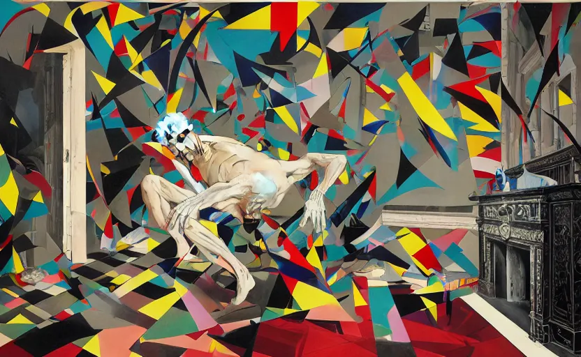 Image similar to decollage painting old man struggle in a room of old palace by adrian ghenie and takato yamamoto and edward hopper and mark ryden and tsutomu nihei, part by bridget riley, acrylic pour and splashing paint, very coherent, baroque elements, perfect anatomy, intricate design. pop art.