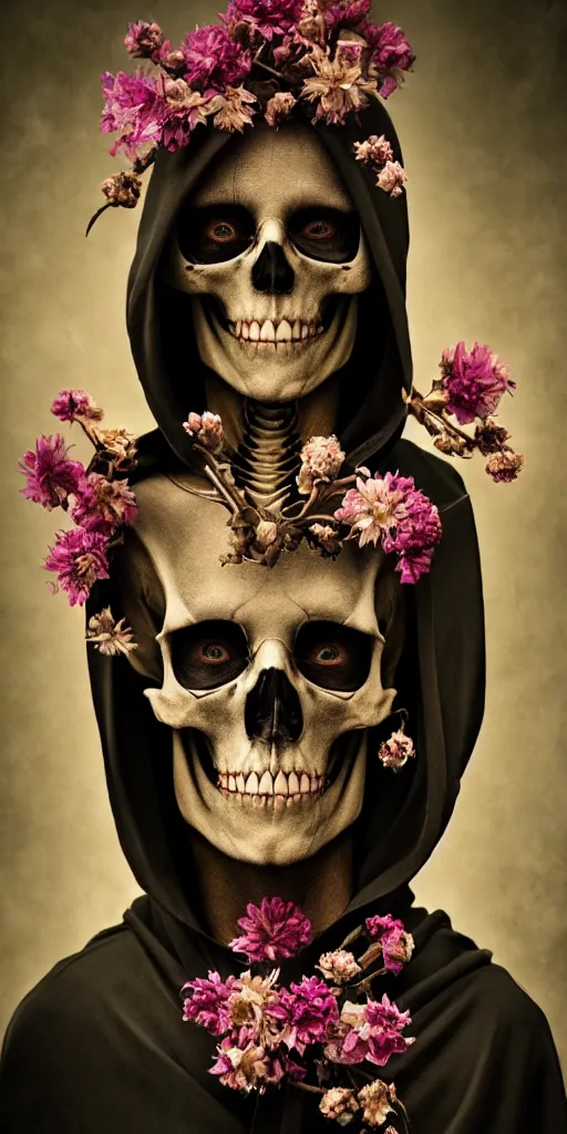 Prompt: cinematic shot epic portrait skeleton wearing a dark robe covered in flowers, hyper realistic, mood lighting, fantasy, detailed face, highly detailed, super realistic, perfect lighting pixel sorting