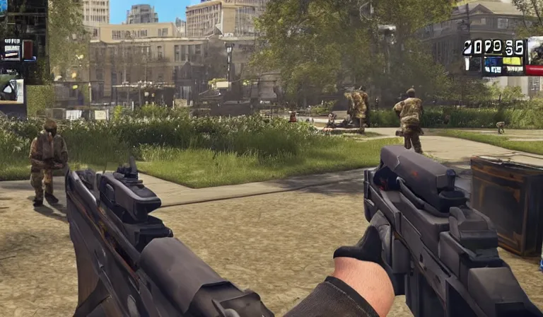 Prompt: screen shot of COD, in the park, Gun in the lower right corner