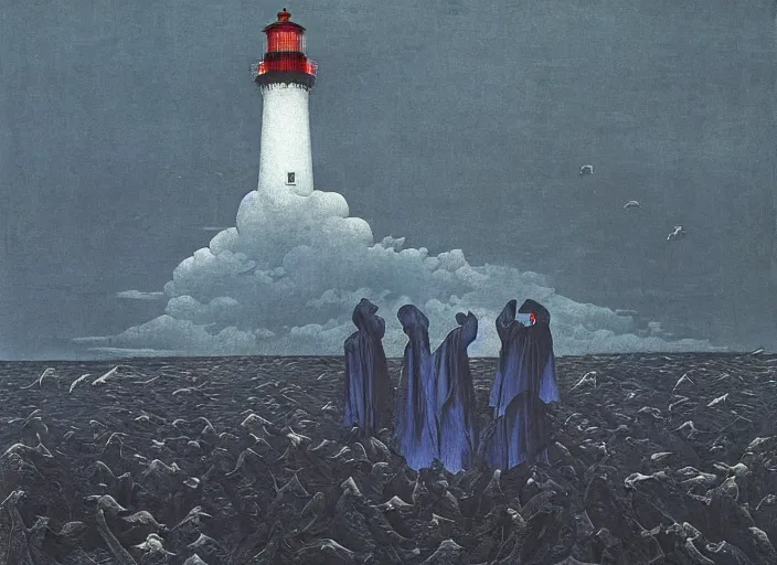 Image similar to worshippers in robes belonging to the cult of the lighthouse standing in waves with ravens flying overhead, a lighthouse, ravens, high detailed beksinski painting, part by adrian ghenie and gerhard richter. art by takato yamamoto. masterpiece, dark and moody, deep colours, blue - h 8 9 6