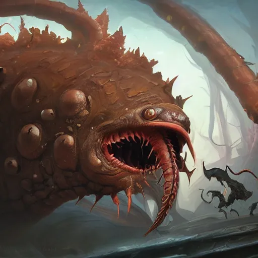 Image similar to a giant earthworm, worm monster, worm mouth, rock and dust, earthworm brown theme, bright art masterpiece artstation. 8 k, sharp high quality artwork in style of jose daniel cabrera pena and greg rutkowski, concept art by tooth wu, blizzard warcraft artwork, hearthstone card game artwork, earthworm rising from the ground