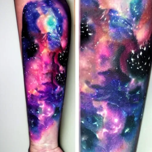 Image similar to A galaxy wolf shaped nebula watercolor tattoo, highly detailed,