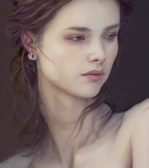 Image similar to portrait of a young woman, soft features, gentle smile, muscular, half body, cloth, short brown hair, back light, d & d, fantasy, intricate, highly detailed, digital painting, artstation, concept art, smooth, sharp focus, illustration, art by artgerm and greg rutkowski and alphonse mucha