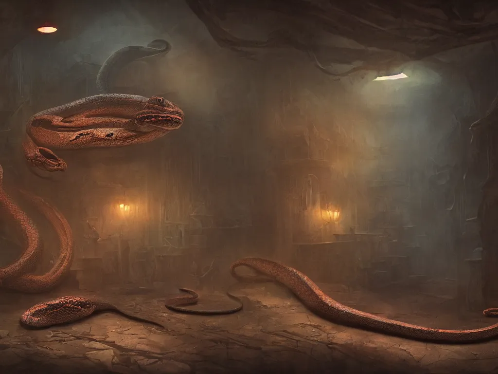 Prompt: A dark room with a large colored snake in the center of it. High detailed, cinematic lighting, horror, dark fantasy matte painting.