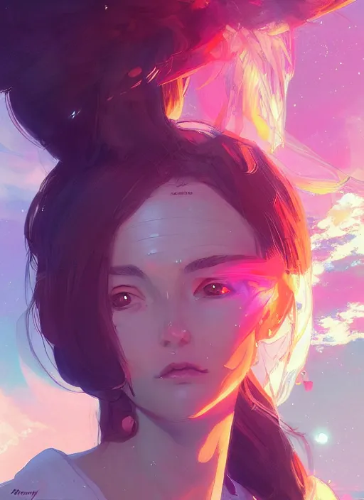 Image similar to a beautiful pensive woman, halo of planets, bright colors, highly detailed, concept art, matte, trending on artstation, anime, art by wlop and artgerm and greg rutkowski, ilya kuvshinov, strong strokes,