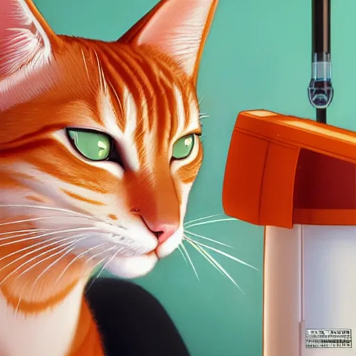 Image similar to an orange tabby cat starting at a syringe at the vet by ilya kuvshinov katsuhiro otomo