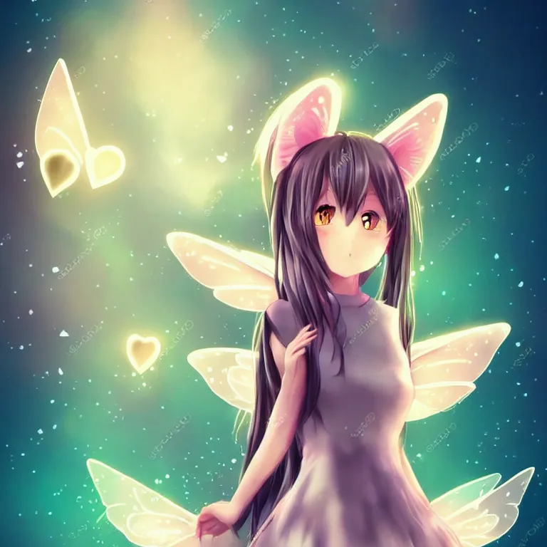 Image similar to cute, full body, female, anime style, a cat girl with fairy wings, large eyes, beautiful lighting, sharp focus, simple background, creative, heart effects, filters applied, illustration