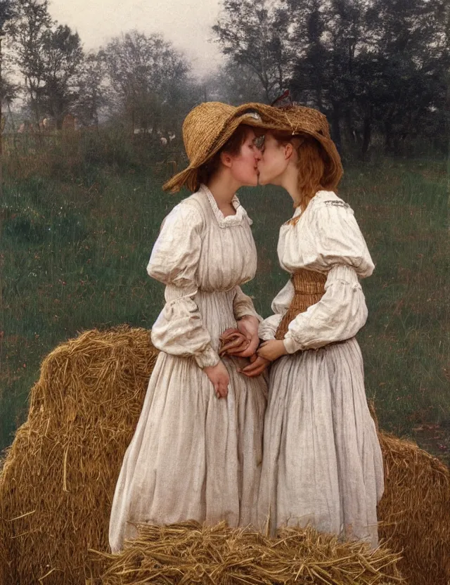 Image similar to two peasant girl secretly kiss hiding over a stack of hay lolita style, Cottage core, Cinematic focus, Polaroid photo, vintage, neutral colors, soft lights, foggy, by Steve Hanks, by Serov Valentin, by Andrei Tarkovsky, by Terrence Malick, 8k render, detailed, oil on canvas