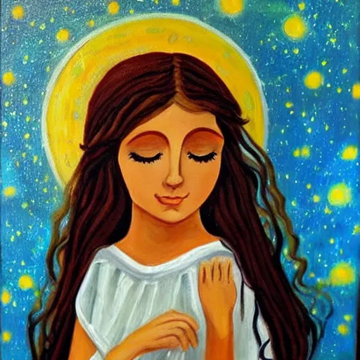 Image similar to beautiful ancient greek girl dreaming of galaxies, painting