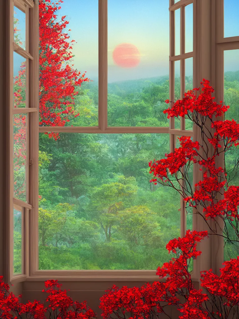 Image similar to a interior photo of a vintage house single window with view to the sunrise near some red flowers, hyperrealistic, digital painting, masterpiece, high quality, highly detailed, high coherence, path traced, serene landscape, beautiful, elegant, bloom, godrays, complementary colors, natural lighting, symmetrical, low contrast, geometrically correct