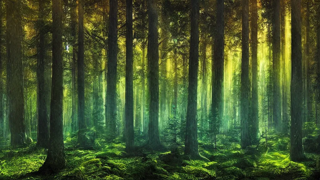 Image similar to portrait of an ethereal evergreen forest made of green and blue light with a log cabin made of golden light, divine, cyberspace, mysterious, dark high-contrast concept art