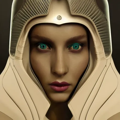 Prompt: dune inspired avant-garde art, deco fashion, highly detailed, photorealistic portrait, white studio setting, studio lighting, crisp quality and light reflections, unreal engine 5 quality render