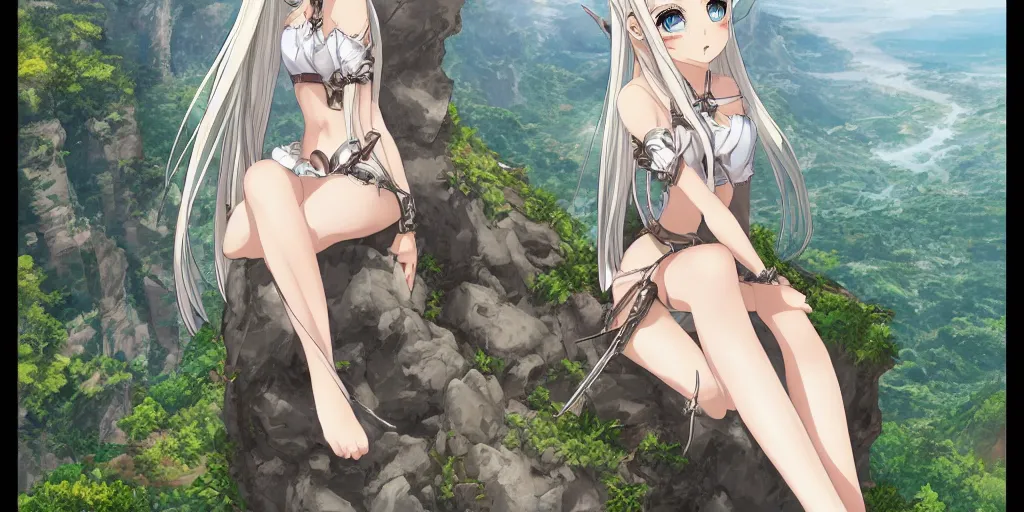 Image similar to alluring highly detailed manga line art wide-angle portrait of (1) a beautiful high-elf girl sitting on the edge of a cliff overlooking a fantasy valley, very detailed, realistic