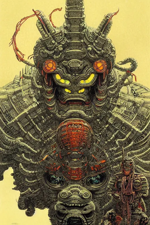 Prompt: japanese oni, character portrait, portrait, close up, concept art, intricate details, highly detailed, soft light, vintage sci - fi poster, in the style of chris foss, rodger dean, moebius, michael whelan, and gustave dore